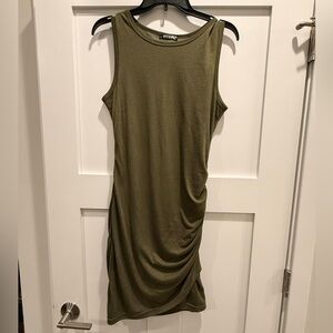 Sleeveless Olive Green Ruched Midi Dress
